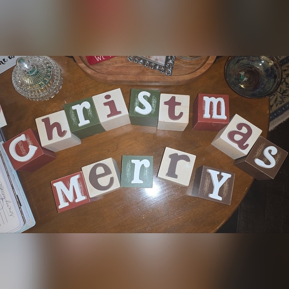 MERRY CHRISTMAS Wooden Holiday Block Set - Green, Red, and White - Picture 2 of 4